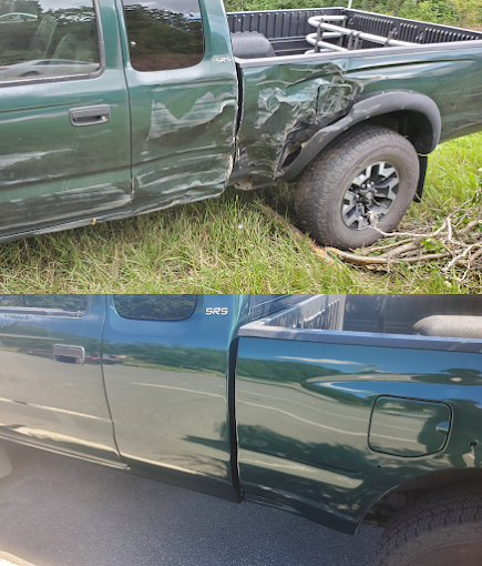 Before and after of a silver sedan that received major bed-side collision repair and paint