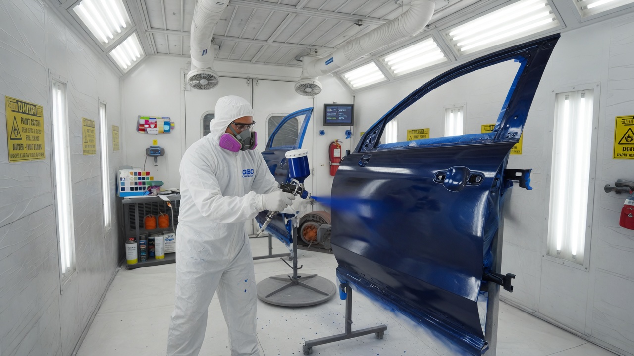 Auto body technician spray painting a panel in a professional paint booth